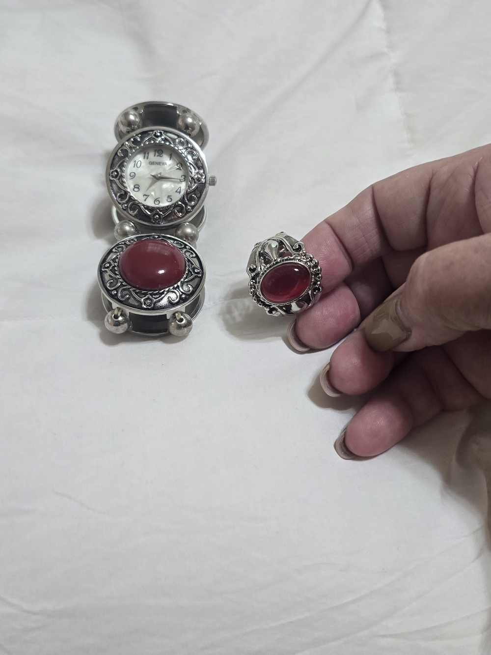Sterling-Style Silver Red Stone Ring and Watch Set